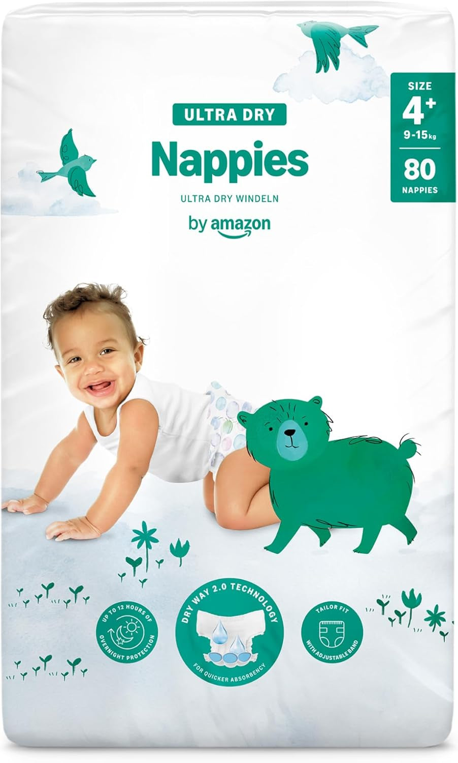 Pieluchy Amazon Ultra Dry, rozmiar 3 (4–9 kg) – pudełko miesięczne, białe, 172 sztuki (2 opakowania po 86) (dawniej Mama Bear, identyczny produkt)