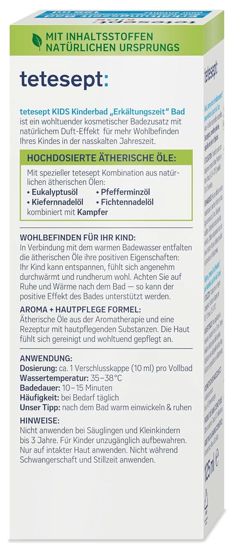 Tetesept Kids Cold Time Bath - dodatek do kąpieli dla dzieci na zimną porę roku z 4 olejkami eterycznymi, relaks i rozgrzewanie, 125 ml Naty Shop