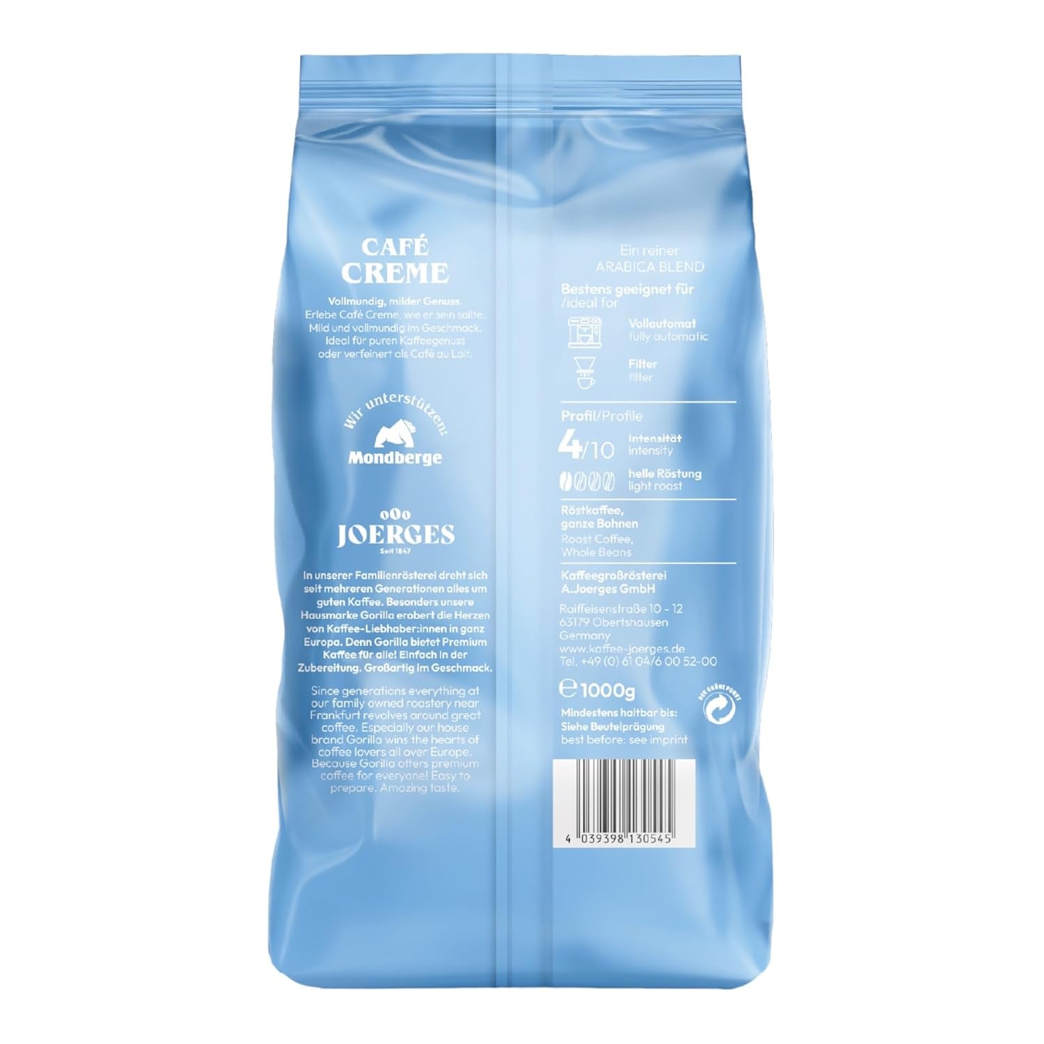 Gorilla Café Creme 6x 1000g | 100% tradycyjna arabika-Bohnen | Ideal Volllautomaten Crema harmonisches Aromat | geryger Koffeingehalt helle Röstung | Opakowanie zbiorcze