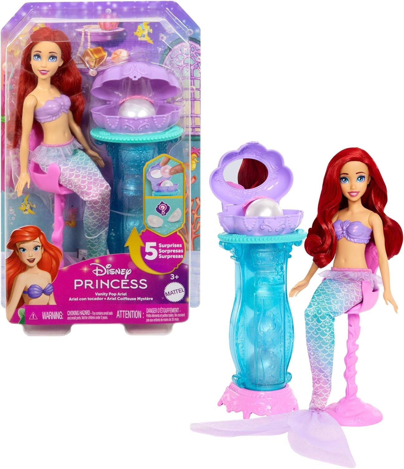 Zabawki Mattel Disney Princess, modna lalka syrenka Ariel z odpinaną płetwą ogonową, toaletka z 5 powtarzalnymi wyskakującymi niespodziankami i 5 akcesoriami, JBF86