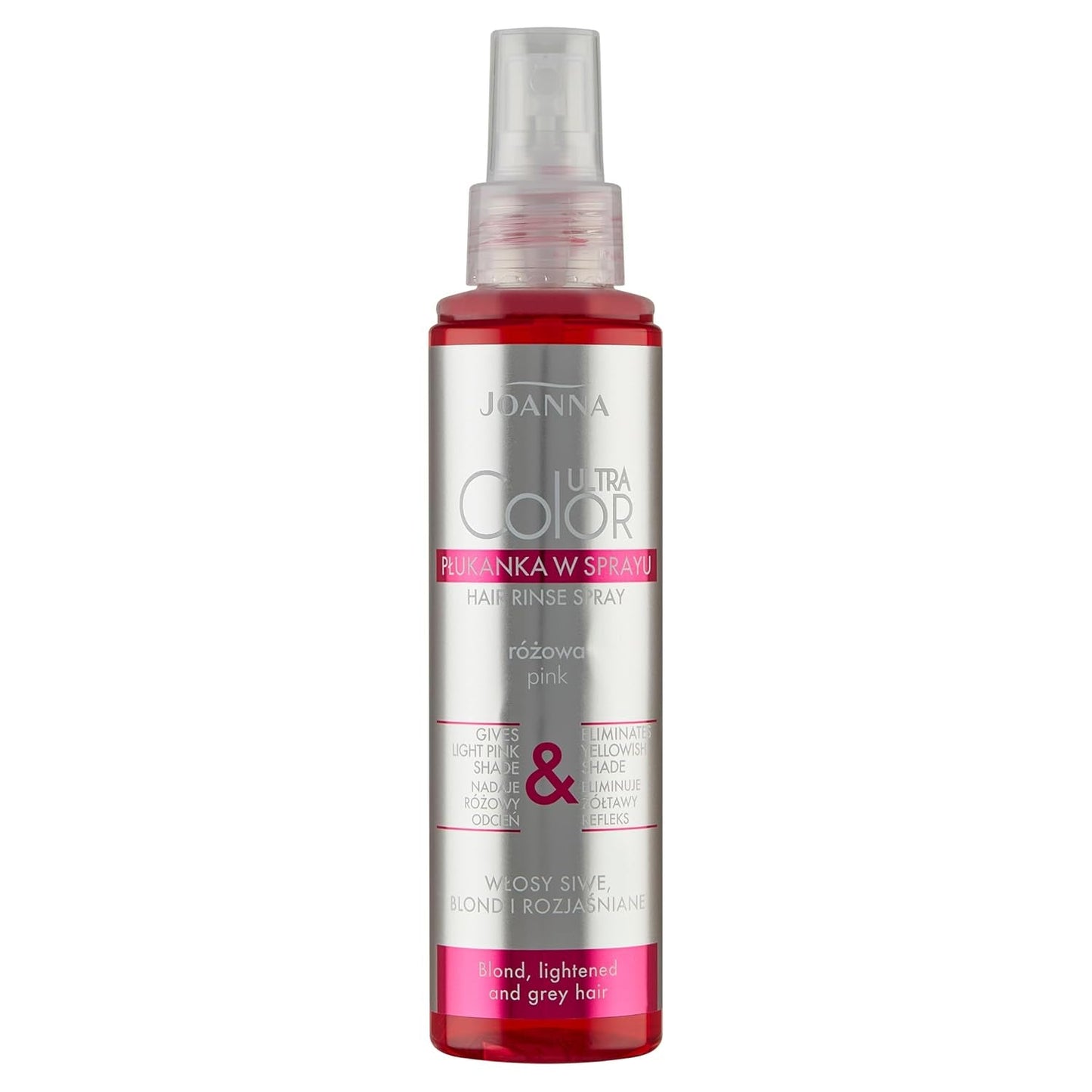 Joanna Ultra Color - Różowa odżywka koloryzująca do włosów blond i jasnych - Pastelowy róż - Naturalny połysk - Usuwa żółty odcień z włosów szaro-blond - Efekt tymczasowy - 150 ml Naty Shop Farba do włosów w sprayu z odcieniami różowego blondu 150 ml (1 opakowanie)