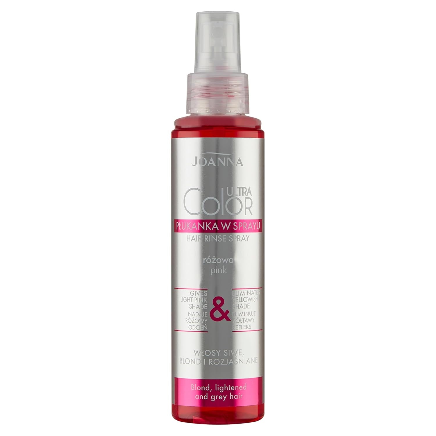 Joanna Ultra Color - Różowa odżywka koloryzująca do włosów blond i jasnych - Pastelowy róż - Naturalny połysk - Usuwa żółty odcień z włosów szaro-blond - Efekt tymczasowy - 150 ml Naty Shop Farba do włosów w sprayu z odcieniami różowego blondu 150 ml (1 opakowanie)