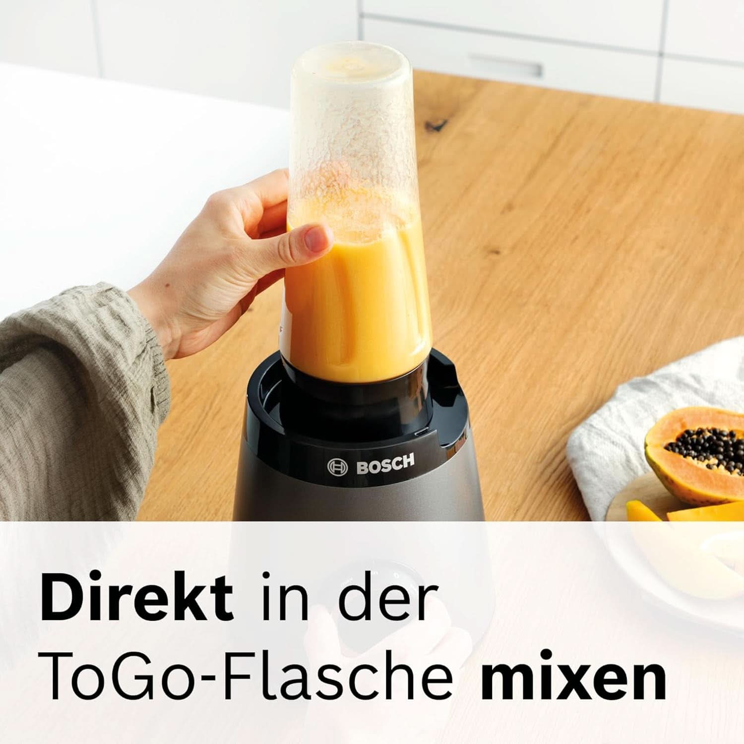 Mikser stojący Bosch Vitapower Serie 4 MMB6177S, Edelstahl-Klingen Made in Germany, 1,5 l Thermosafe Glasbehälter, 0,6 l To-Go-Flasche, Stopfer, Universalzerkleinerer, 30 000 U/Min, 1200 W, Silver Kitchen Naty Shop