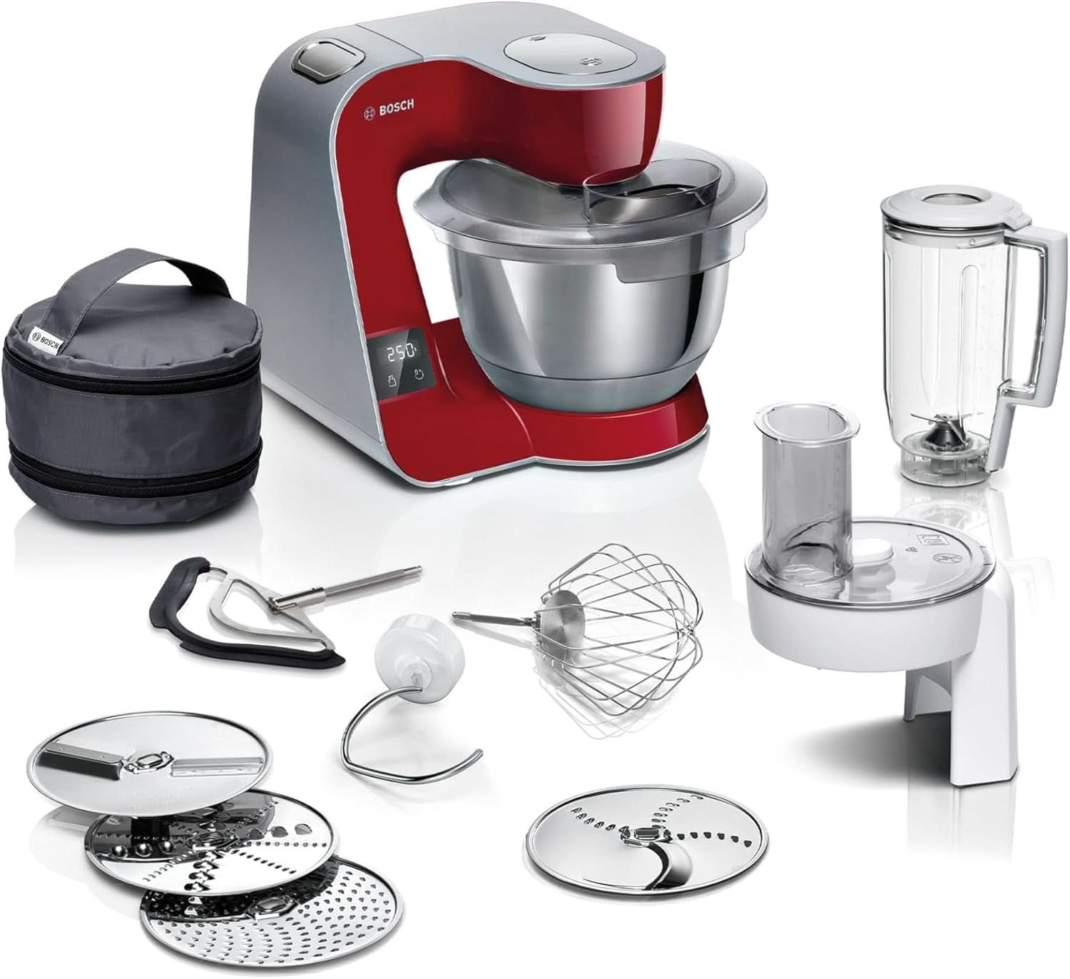 Robot kuchenny Bosch Seria 4 MUM5X720, zintegrowana waga, miska ze stali nierdzewnej 3,9 l, mikser 1,25 l, 1000 W Akcesoria Żywność i karmienie piersią Baby Naty Shop Single Ciemnoczerwony / srebrny 2 akcesoria