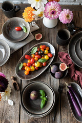 MĘSER 934073 Niara Organic Series Nowoczesny 4-osobowy zestaw obiadowy o ekscytującym wyglądzie vintage, 16-częściowy serwis łączony ze specjalną kombinacją czarno-brązowej glazury, kamionka