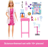 Lalka Barbie Naukowiec i akcesoria z modną blondynką, stołem laboratoryjnym, mikroskopem, zlewką zmieniającą kolor i szalką Petriego, JCR70
