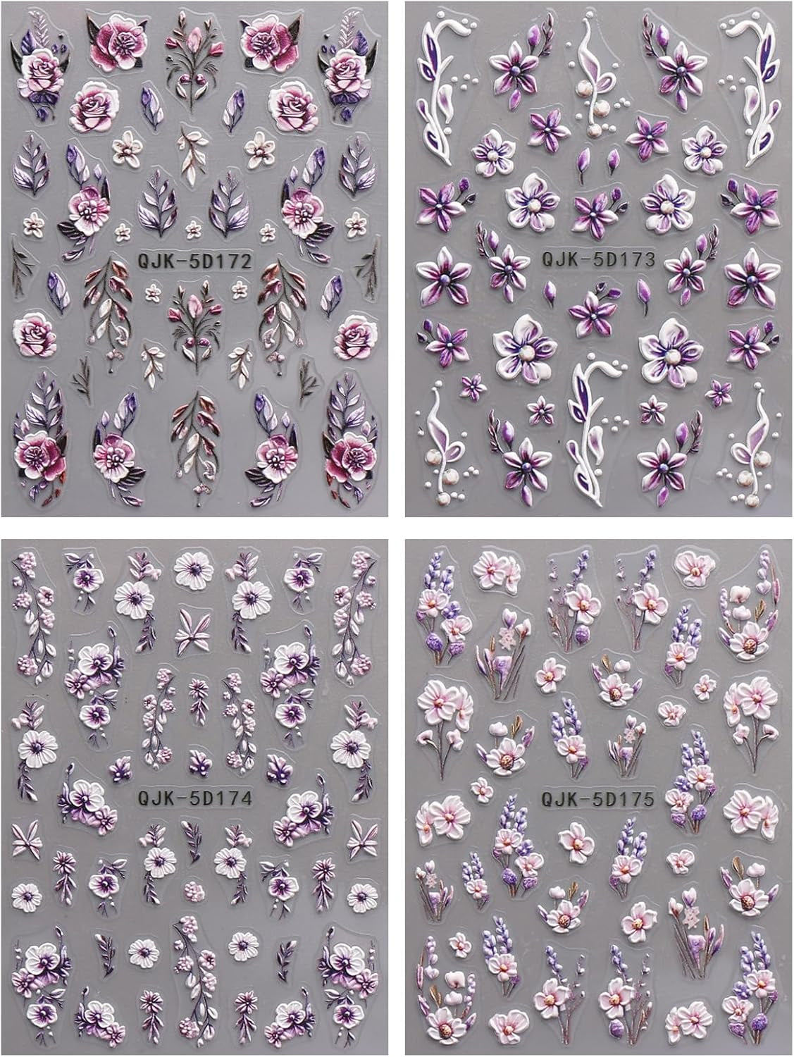 JMEOWIO 3D Nagelsticker Blumen Nail Art Naklejka Selbstklebend Nagelaufkleber 5D Stereoskopisch Frühling Sommer Dekoration Nageldesign Zubehör 4 Blatt