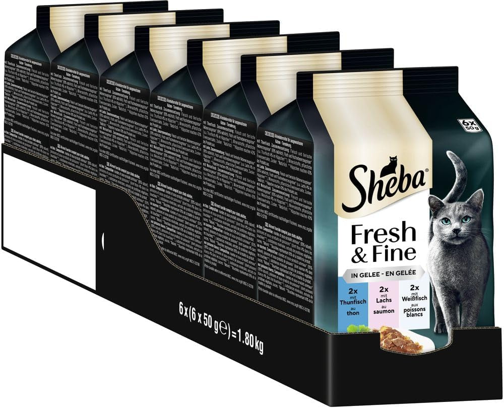 Sheba Portion Pouches Mokra karma dla kotów Multipack Fresh & Fine w galarecie z tuńczykiem i łososiem MSC, 6x6x50g - Zdrowe posiłki dla kotów z galaretką