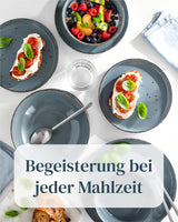 Steingut Geschirrset 12 Personen Rustic 36 tlg. TESTSIEGER, Hochwertiges Landhaussttil Steingut Geschirr Set, Schüssel- und Teller Set, Tafelservice 12 Personen, Geschirrsets Pure Living w Rauchblau