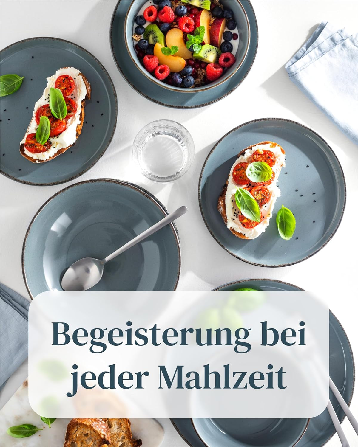 Steingut Geschirrset 12 Personen Rustic 36 tlg. TESTSIEGER, Hochwertiges Landhaussttil Steingut Geschirr Set, Schüssel- und Teller Set, Tafelservice 12 Personen, Geschirrsets Pure Living w Rauchblau