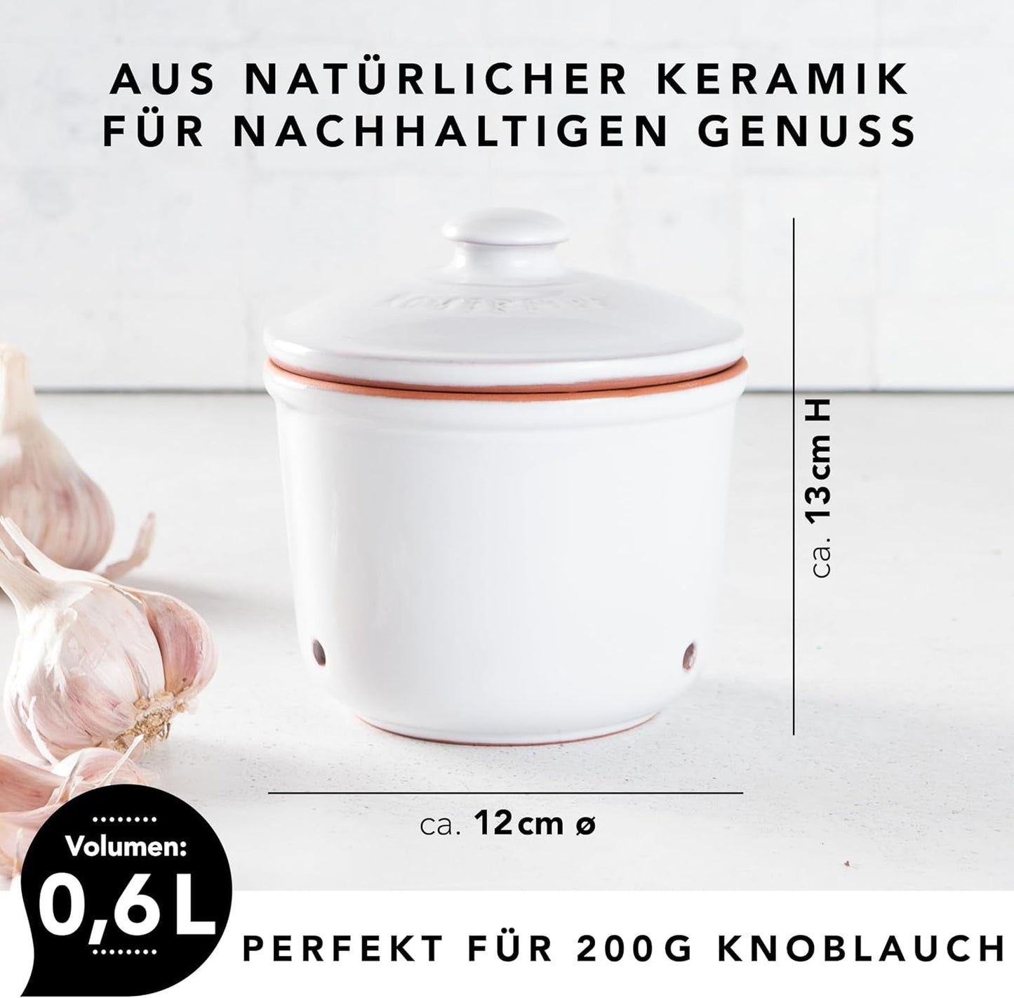 Römertopf Fresh Pot MINI 0,6 litra - Ceramiczny pojemnik na czosnek - Oddychająca glinka utrzymuje warzywa na dłużej świeże - Idealna cyrkulacja powietrza - Biały Pudełka do przechowywania żywności Naty Shop