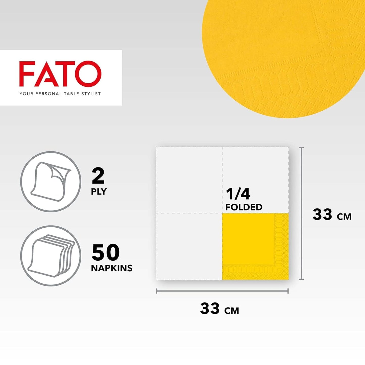 , Jednorazowe serwetki papierowe, idealne na nieformalne lunche i bufety, Opakowanie 50 serwetek, Rozmiar 33X33, 4-krotnie, 2-warstwowe, żółte, 100% czystego papieru celulozowego, Certyfikat Fsc