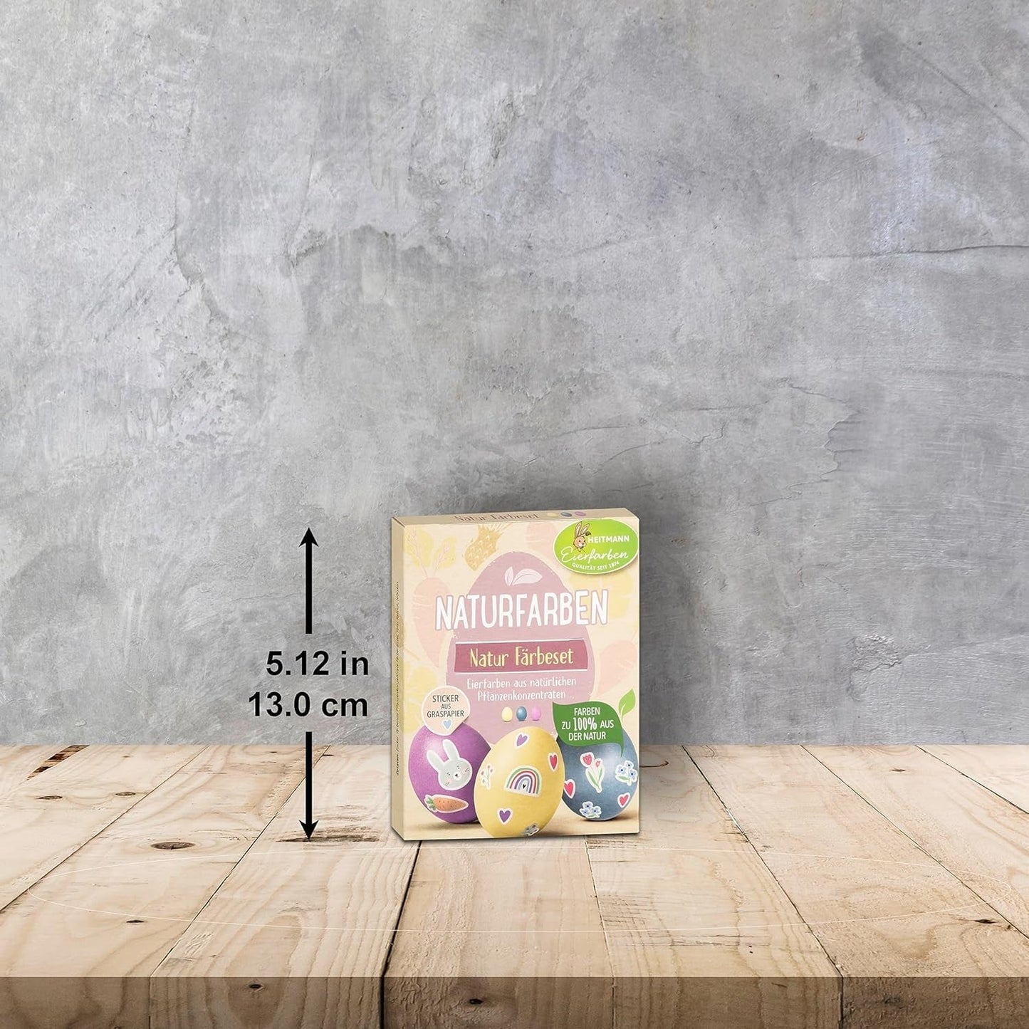 Zestaw naturalnych barwników Heitmann Egg Dye, 3 proszki barwnika do jaj (żółty, fioletowy, szaro-niebieski), arkusz naklejek z papieru z trawy
