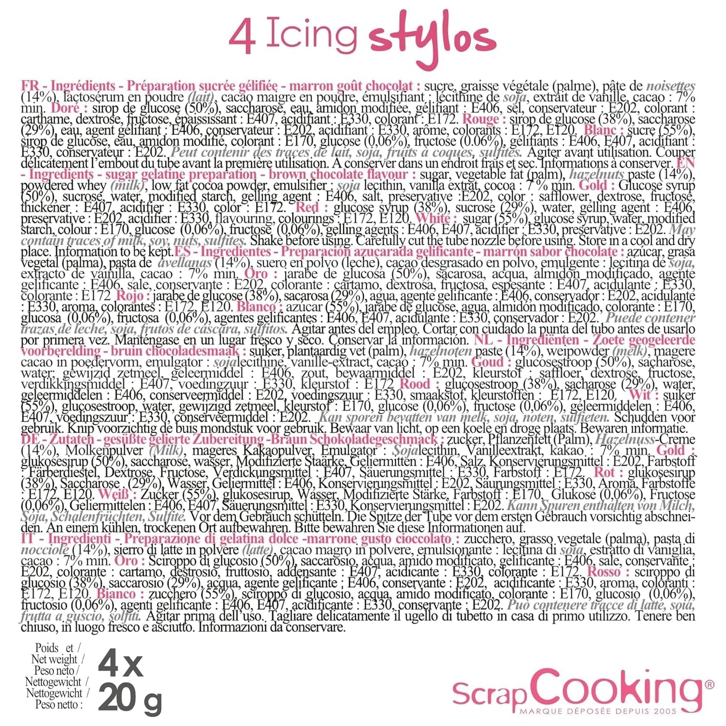 Scrapcooking - 4 pisaki: złoty, czekoladowy, biały i czerwony - dekoracyjne pisaki jadalne do pisania i rysowania na deserach, ciastach i ciasteczkach