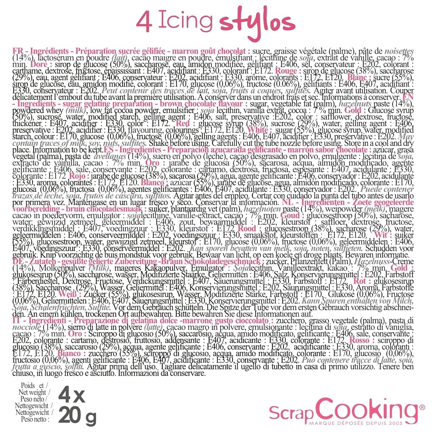 Scrapcooking - 4 pisaki: złoty, czekoladowy, biały i czerwony - dekoracyjne pisaki jadalne do pisania i rysowania na deserach, ciastach i ciasteczkach