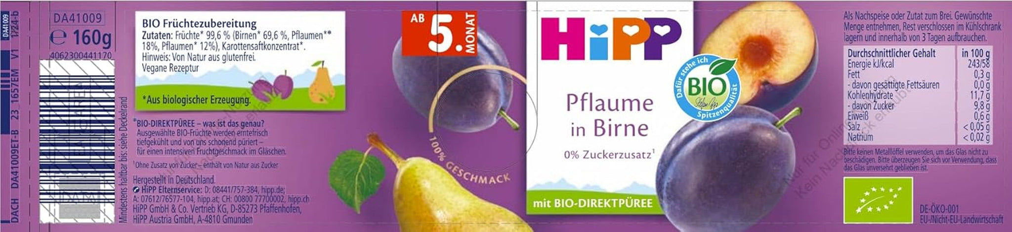 HiPP Ekologiczne Śliwki o Smaku Gruszkowym (6 x 160g), od 5 miesiąca, bez dodatku cukru, o szczególnie intensywnym smaku owocowym, najwyższej jakości organicznej.