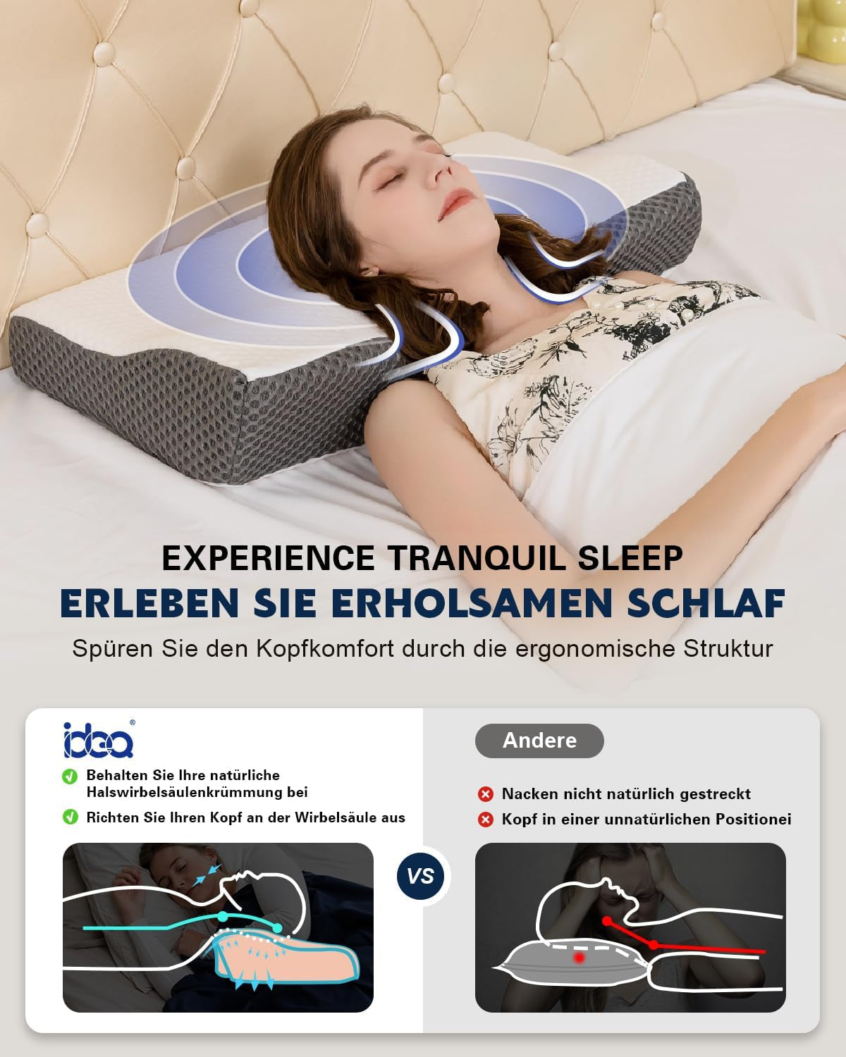 Poduszka IDEA, ergonomiczna poduszka ortopedyczna na ból szyi, poduszka z pianki memory do podkładów bocznych, pleców i brzucha, poduszka przeciw chrapaniu dla kobiet i mężczyzn (62 * 34,5 * 12/8 CM) Poduszki ortopedyczne na szyję Naty Shop