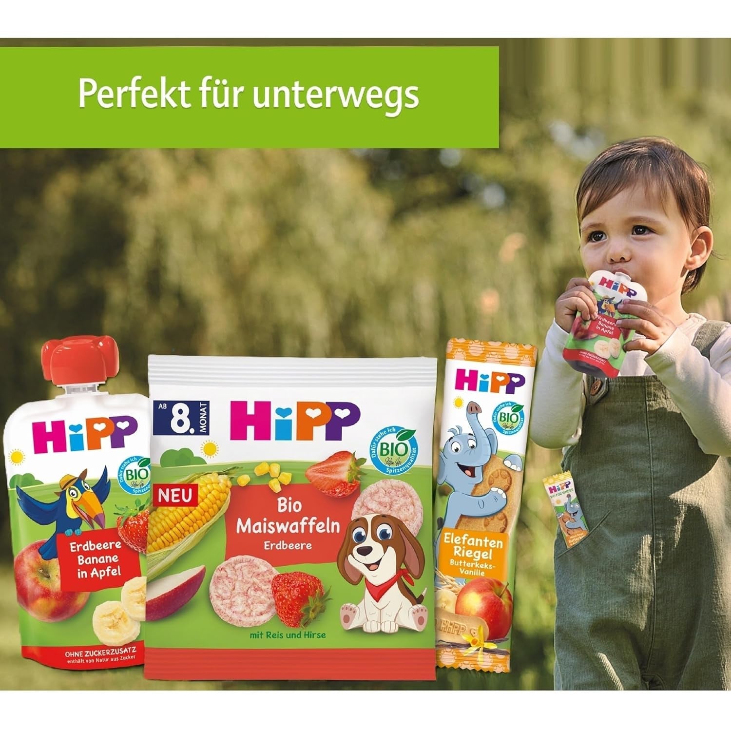 HiPP Organic Fruit Plus saszetki z granatem i acerolą w mieszance jabłka i maliny - Ben Beagle (8 x 100g), od 1 roku, 100% przecieru owocowego, bez dodatku cukru, wegańskie, najlepszej jakości organicznej
