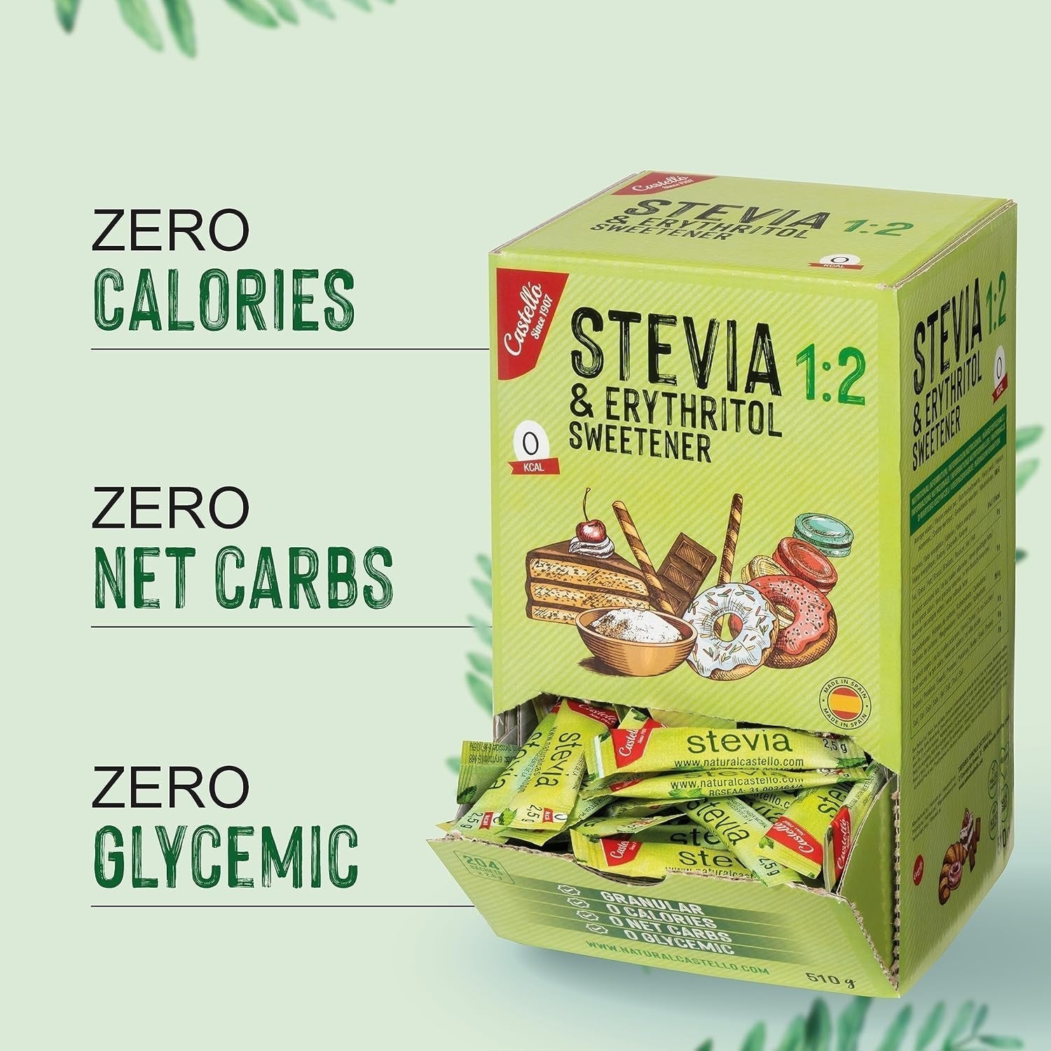 Stewia + Erytrytol 1:2 Süßstoff | 204 Torba Mit 2,5 G | 100% Natürlicher Zuckerersatz - 0 Kalorien - 0 Glykämischer Index - Keto Und Paleo - 0 Kohlenhydrat - Kein GVO - Castello od 1907-510 G Słodziki Naty Shop