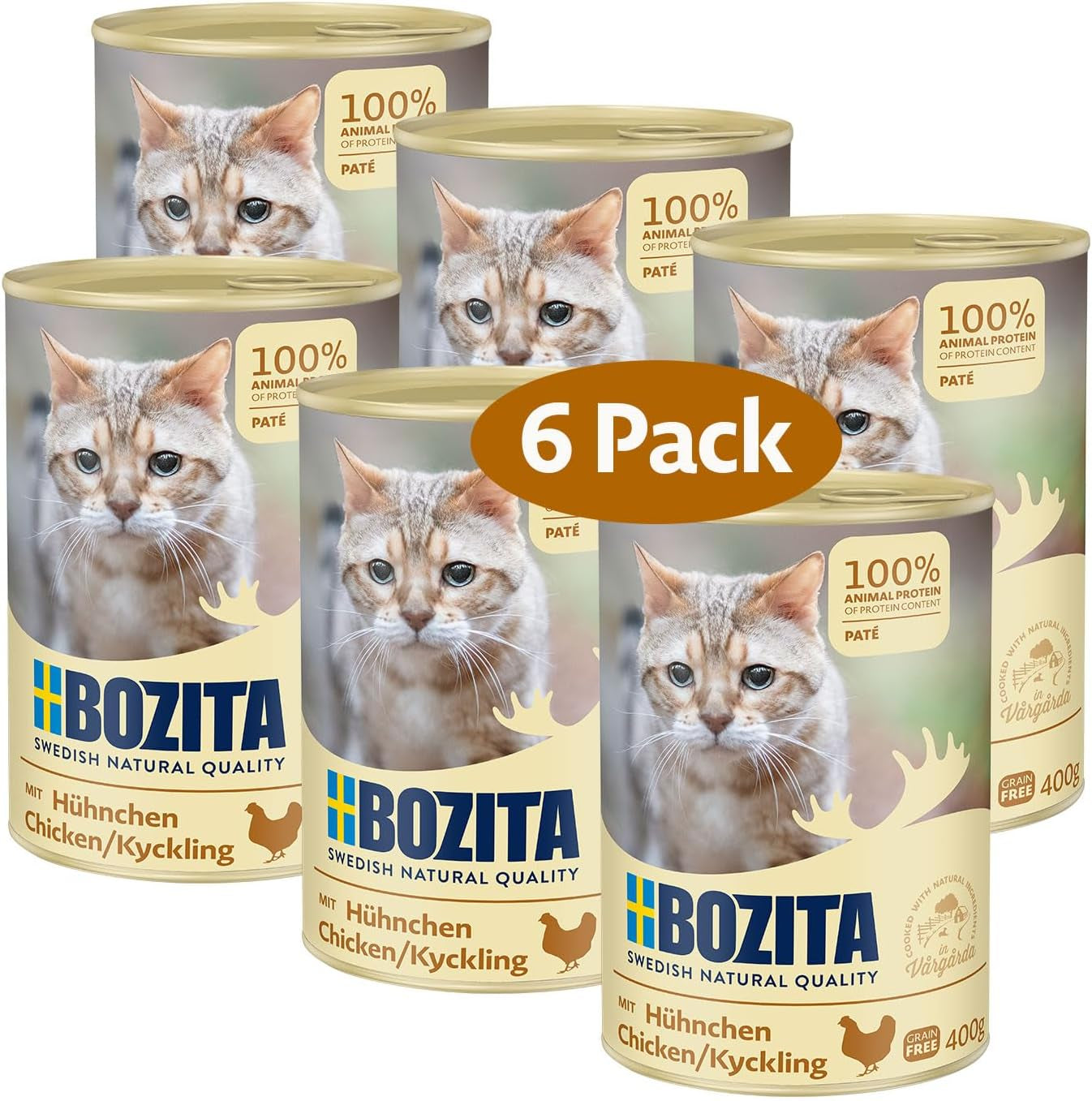 Bozita bezzbożowy pasztet z kurczaka - 6 x 400 g mokra karma dla kotów i kociąt. Kompletna karma o zawartości białka 9,5% i tłuszczu 5%, wyprodukowana z wysokiej jakości naturalnych składników, bez zbóż - prosto ze Szwecji