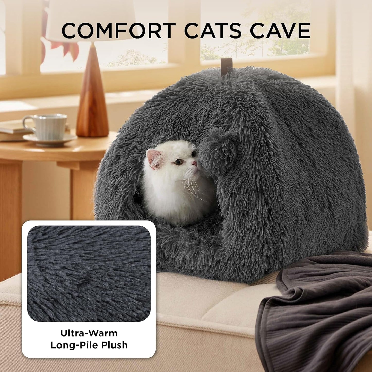 ŁÓŻECZKO Katzenbett große Katzen Katzenhöhle- 44x44x44 cm Plüsch Katzenhaus Indoor mit abnehmbarem Katzenkissen und hängendem Spielzeug, Katzen Bettchen waschbar, dunkelgrau
