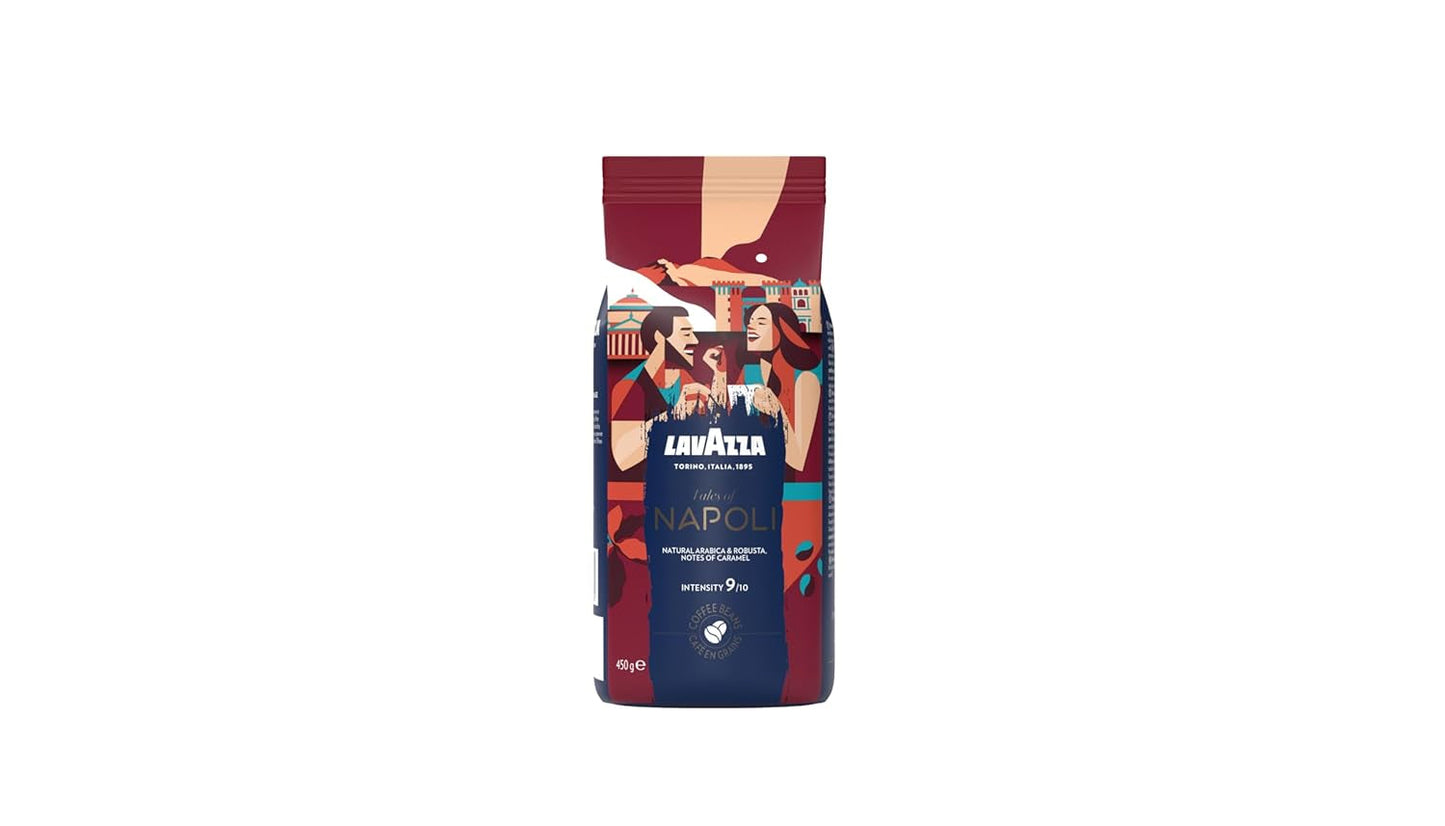 Lavazza, Tales of Napoli, kawa ziarnista, idealna do ekspresów, z aromatycznymi nutami kakao i karmelu, Arabica i Robusta, intensywność 9/10, intensywna palenie, 450 g