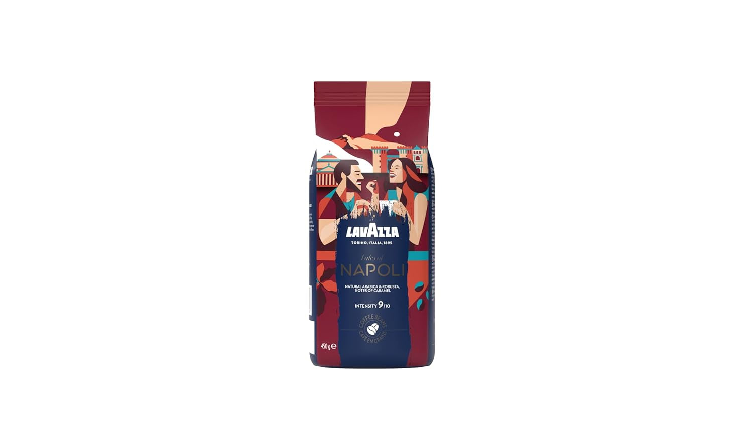 Lavazza, Tales of Napoli, kawa ziarnista, idealna do ekspresów, z aromatycznymi nutami kakao i karmelu, Arabica i Robusta, intensywność 9/10, intensywna palenie, 450 g