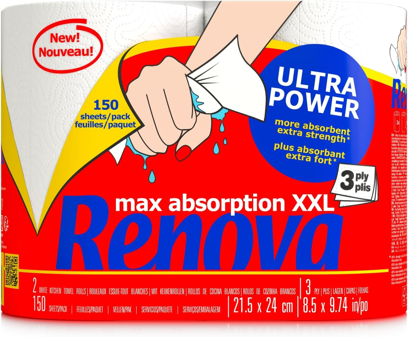Roladki kuchenne Renova Renova Ultrapower | 24 rolki XXL = 60 rolek standardowych | 3 warstwy ultrachłonne i o maksymalnym oporze | Papier z certyfikatem Fsc