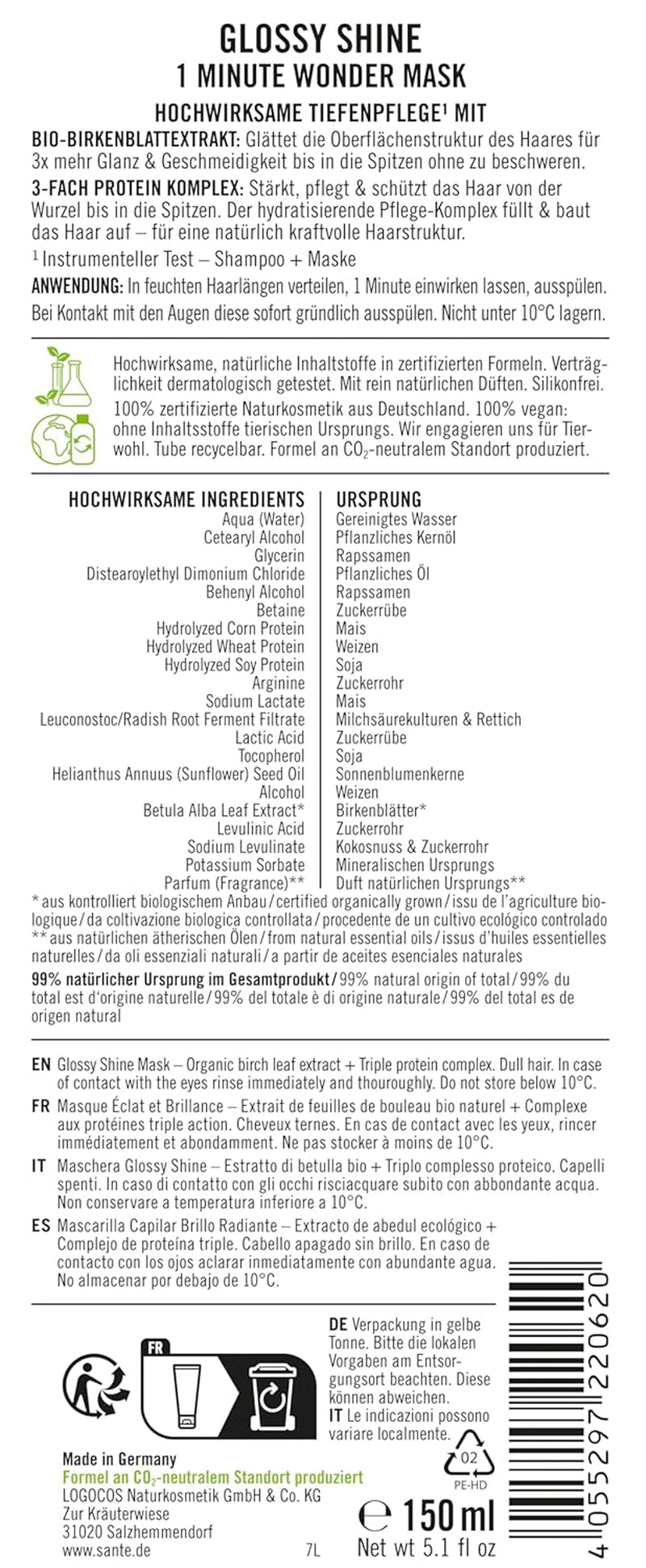 SANTE Naturkosmetik Glossy Shine Mask organiczny ekstrakt z liści brzozy + 3x kompleks białkowy, niezawierająca silikonu i nawilżająca maska do włosów, wegańska pielęgnacja włosów zapewniająca większy połysk i elastyczność, 150 ml Naty Shop Hair Mask