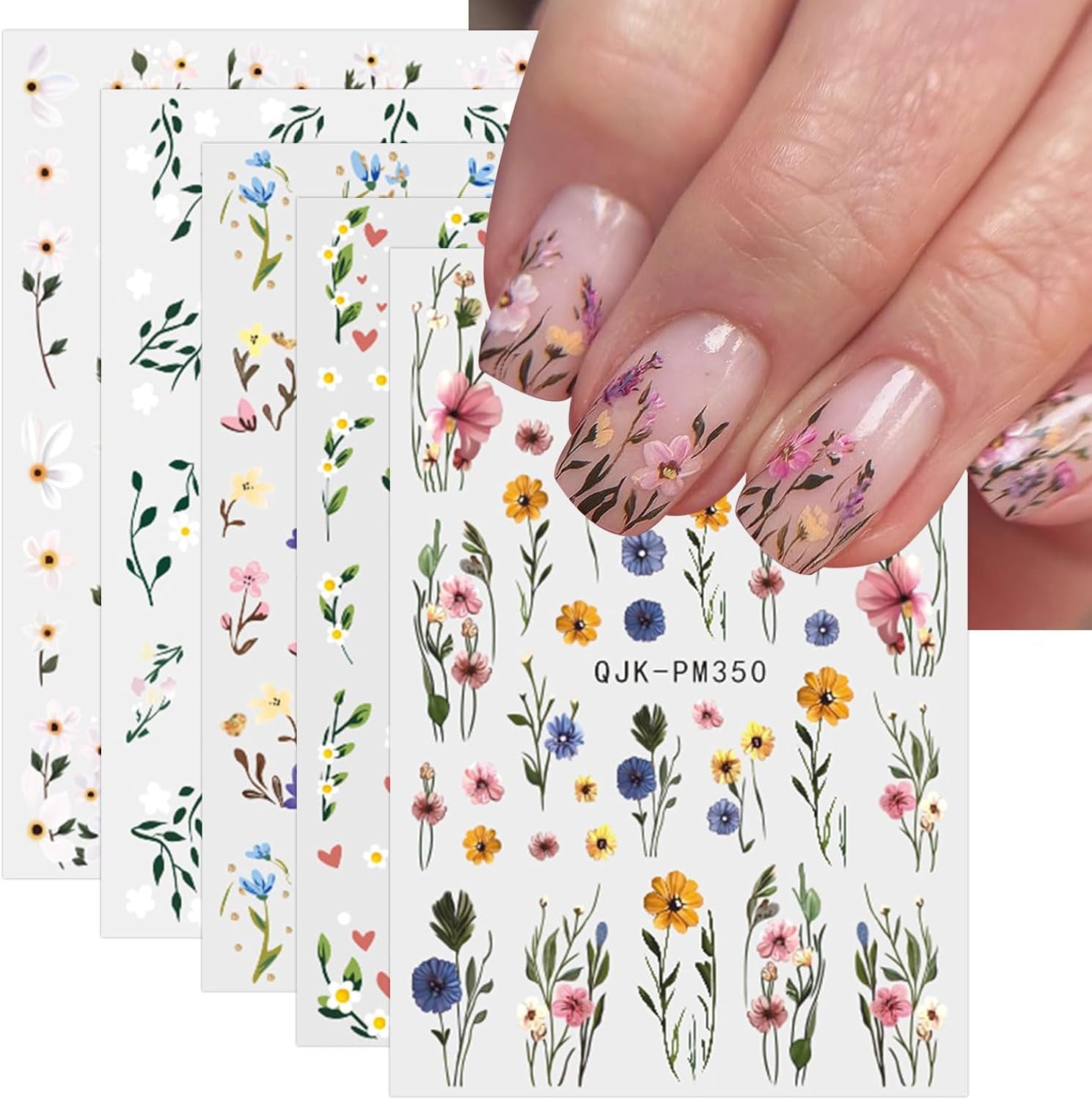 JMEOWIO Nagelsticker Bunte Blumen 9 Blatt Nail Art Naklejka Selbstklebend Nagelaufkleber Frühling Sommer Blumen Dekoration Nageldesign Zubehör