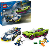 LEGO City Pościg samochodowy z radiowozem i mięśniakiem, pociąg z dwoma samochodami wyścigowymi, prezent policyjny dla dzieci, chłopców i dziewcząt od 6 lat, policjant i minifigurka Ganovin 60415 Zestawy do budowania Besuche den LEGO-Store Single