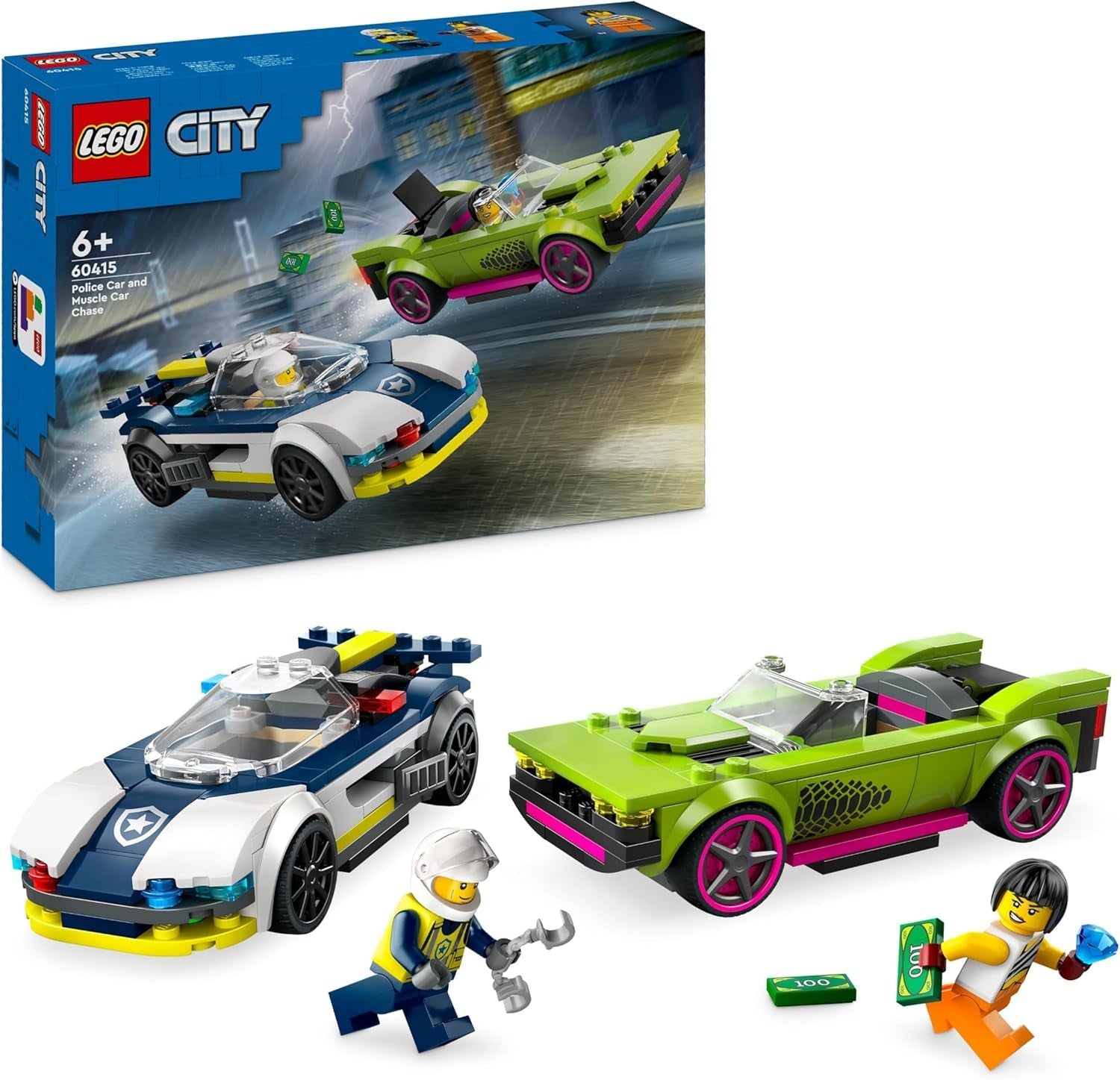 LEGO City Pościg samochodowy z radiowozem i mięśniakiem, pociąg z dwoma samochodami wyścigowymi, prezent policyjny dla dzieci, chłopców i dziewcząt od 6 lat, policjant i minifigurka Ganovin 60415 Zestawy do budowania Besuche den LEGO-Store Single