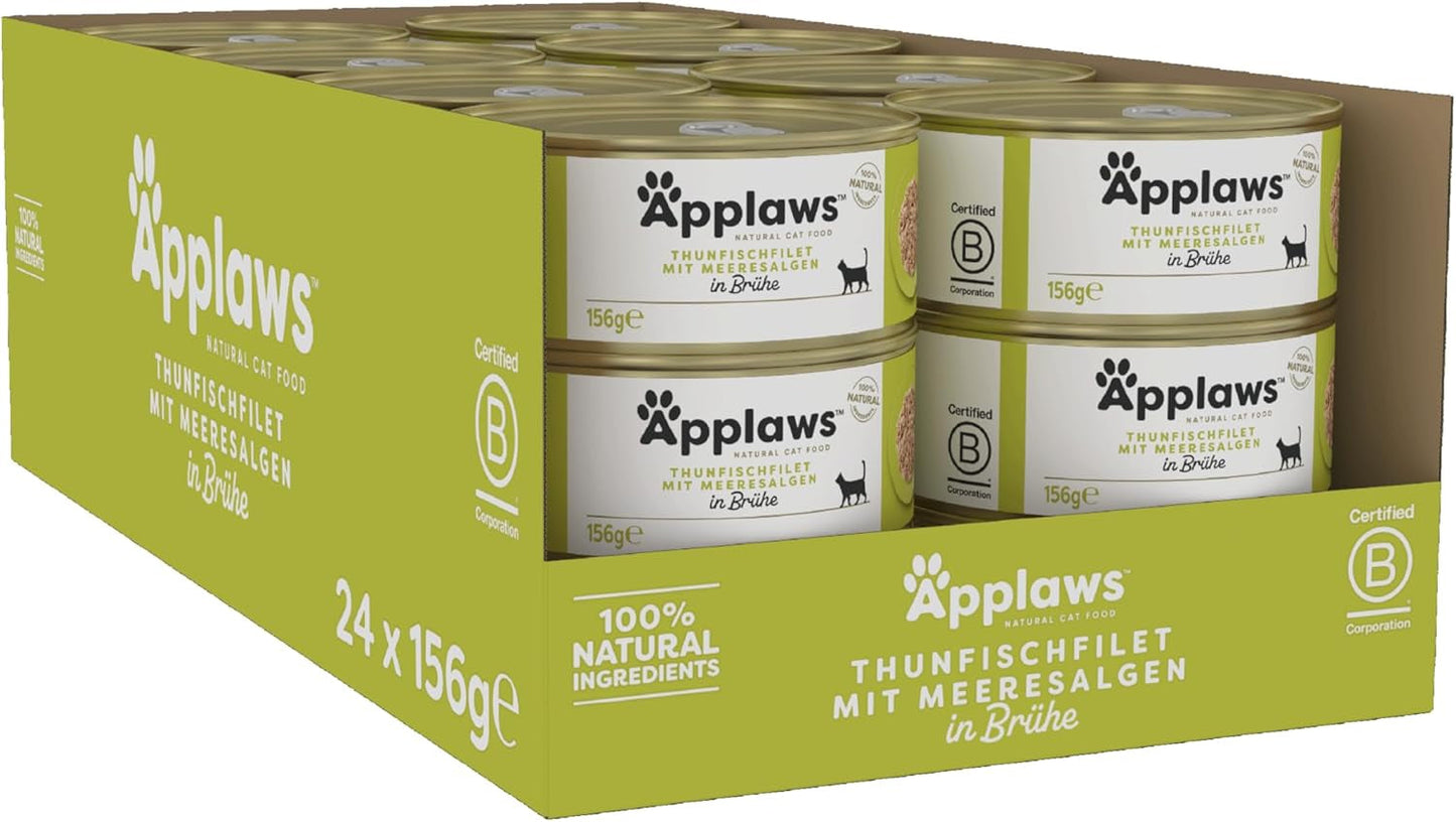 Applaws 100% naturalny Premium-Nassfutter für Katzen, Thunfischfilet mit Algen in Brühe - Packung mit 24 x 156g Dosen
