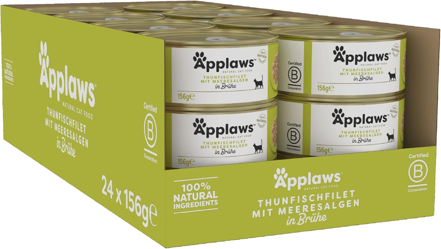 Applaws 100% naturalny Premium-Nassfutter für Katzen, Thunfischfilet mit Algen in Brühe - Packung mit 24 x 156g Dosen