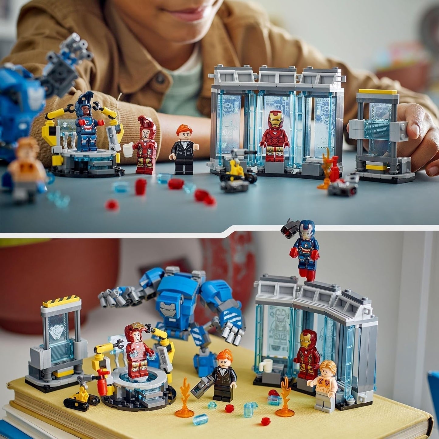 LEGO Marvel Laboratorium Iron Mana: Zbroja Zbroi — zabawka superbohatera z figurką mecha, 5 minifigurek, w tym Aldrich Killian — prezent Avengers dla chłopców i dziewcząt w wieku od 8 lat 76315 Zestawy do budowania Beuche den LEGO-Store