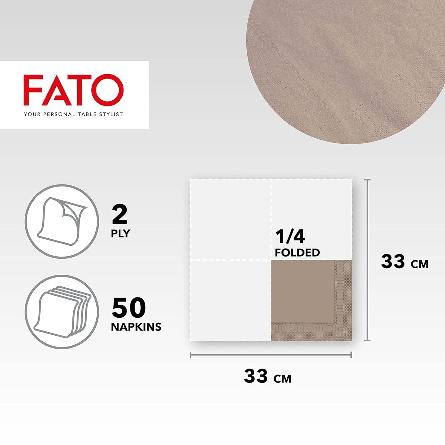 Fato, Jednorazowe serwetki papierowe, idealne na nieformalne lunche i bufety, opakowanie 50 serwetek, rozmiar 33X33, złożone na 4, 2 warstwy, Turtledove, 100% czysty papier celulozowy, certyfikat Fsc