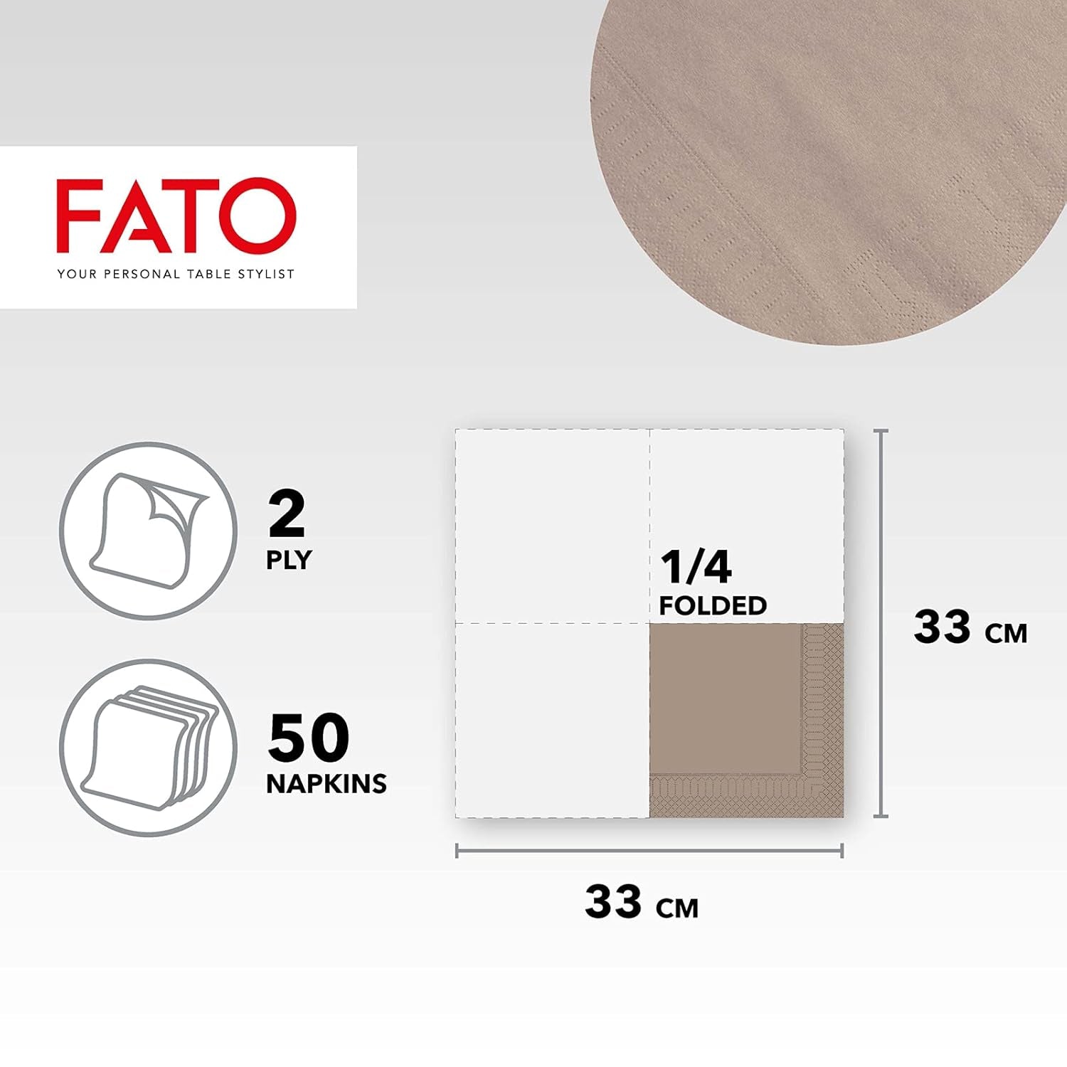 Fato, Jednorazowe serwetki papierowe, idealne na nieformalne lunche i bufety, opakowanie 50 serwetek, rozmiar 33X33, złożone na 4, 2 warstwy, Turtledove, 100% czysty papier celulozowy, certyfikat Fsc