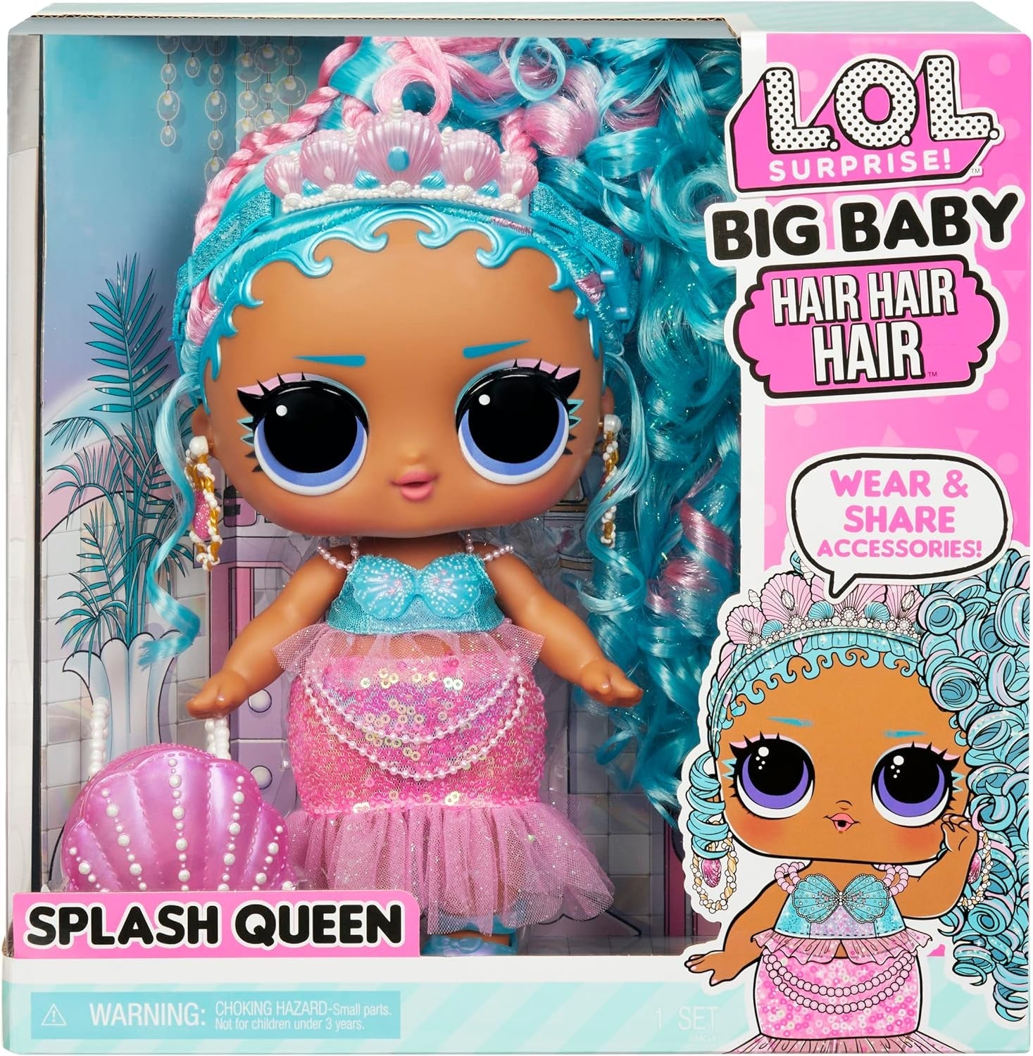 KUPA ŚMIECHU. Niespodzianka! Big Baby Hair Hair Hair – SPLASH QUEEN – 27,94 cm große Puppe mit 14 Überraschungen, Accessoires zum Teilen und echten Haaren – Für Kinder und Sammler ab 4 Jahren