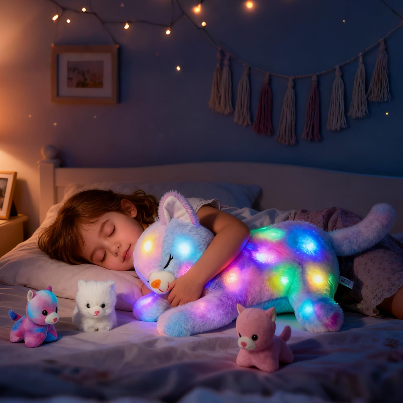 Muzyczny pluszowy kot LED, lekka śpiewająca zabawka, matka kot z 3 kociętami w brzuchu, animowana kołysanka, kojąca zabawka dla matek, dzieci, małe dziewczynki, tęcza, 45 cm