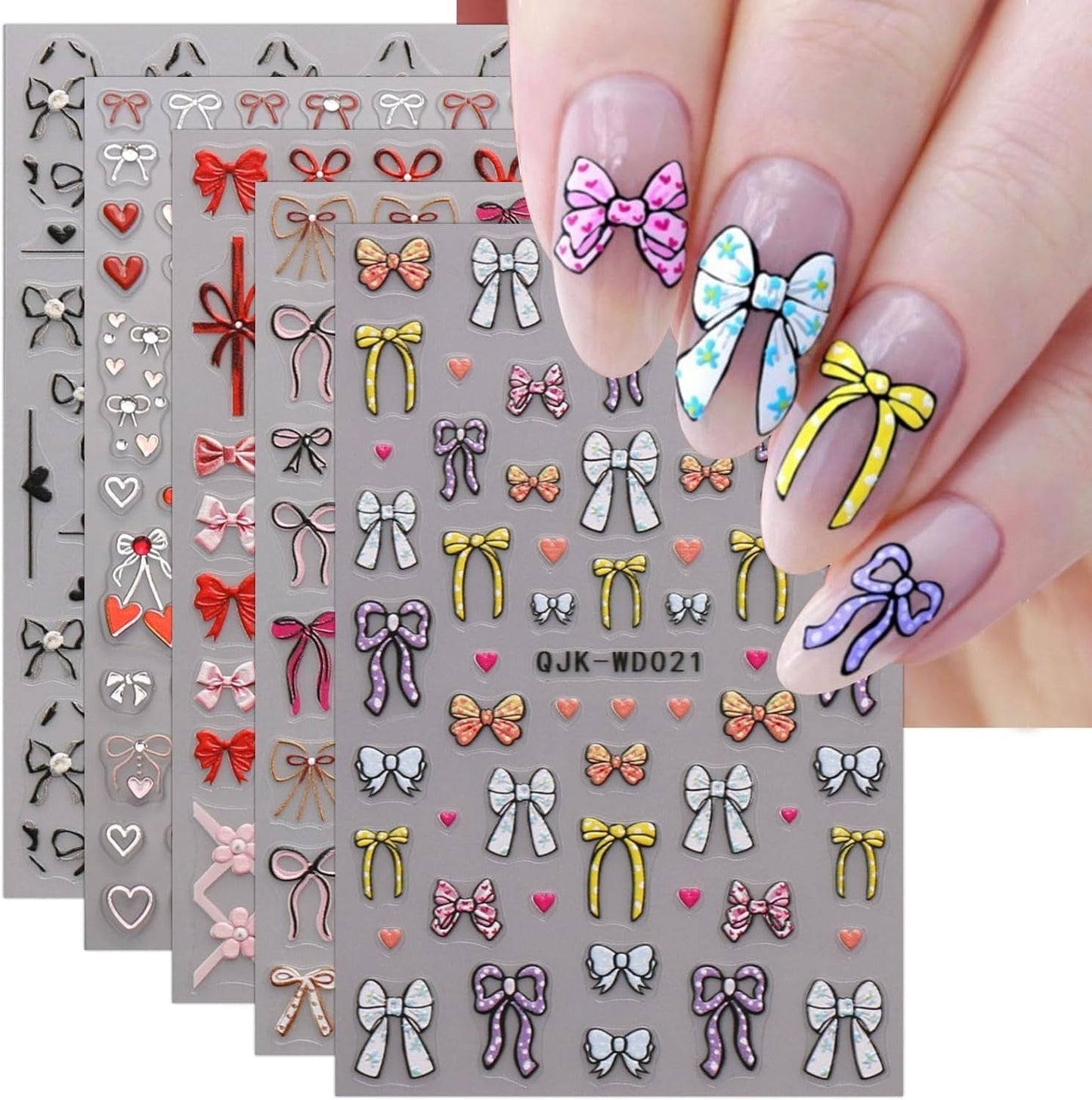 JMEOWIO Nagelsticker Bunte Herz Schleife 6 Blatt Nail Art Naklejka Selbstklebend Nagelaufkleber Dekoration Nageldesign Zubehör