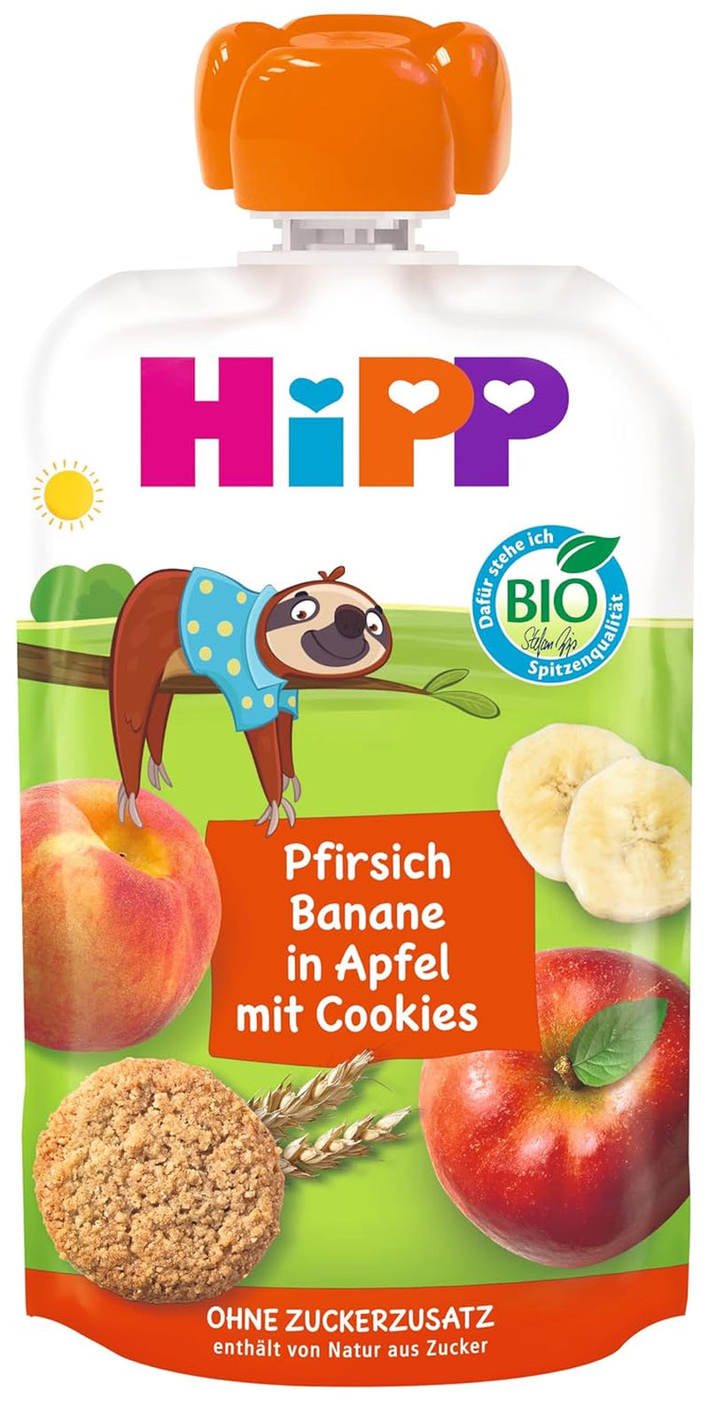 Saszetki wyciskane HiPP z organicznymi brzoskwiniami i bananami w torebkach z jabłkami i ciasteczkami - Leniwy Feliks (8 x 100g), od 1 roku, owoce ze zbożami, bez dodatku cukru, najlepsza jakość organiczna