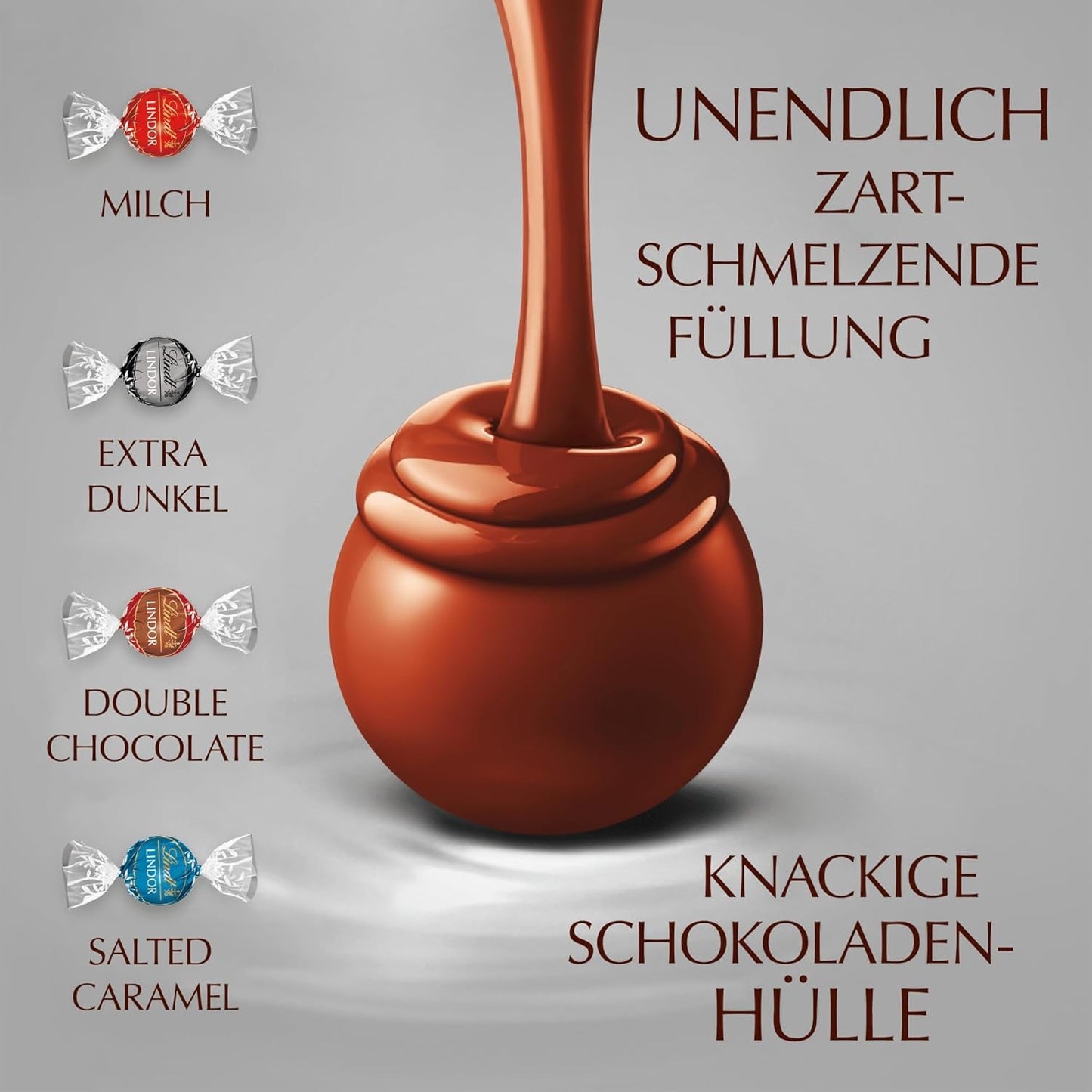 Czekolada Lindta | Różne torby LINDOR srebrne | Worek 1 kg | 80 kulek rozpływającej się w ustach mlecznej czekolady, 70%, smak solonego karmelu i podwójnej czekolady | Prezent w postaci czekolady do dzielenia się