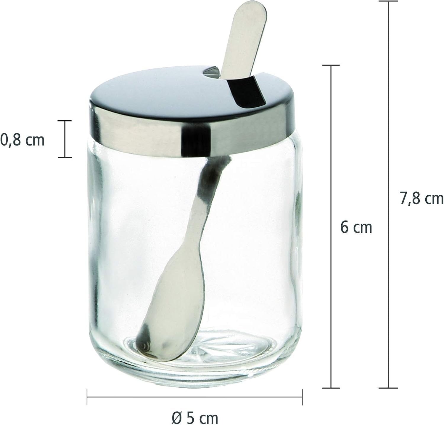 APS 40415 Garnek na musztardę, zestaw 2 szt., każdy Ø 5 cm, wys.: 6 cm, szkło, stal nierdzewna, w komplecie. łyżka i pokrywka
