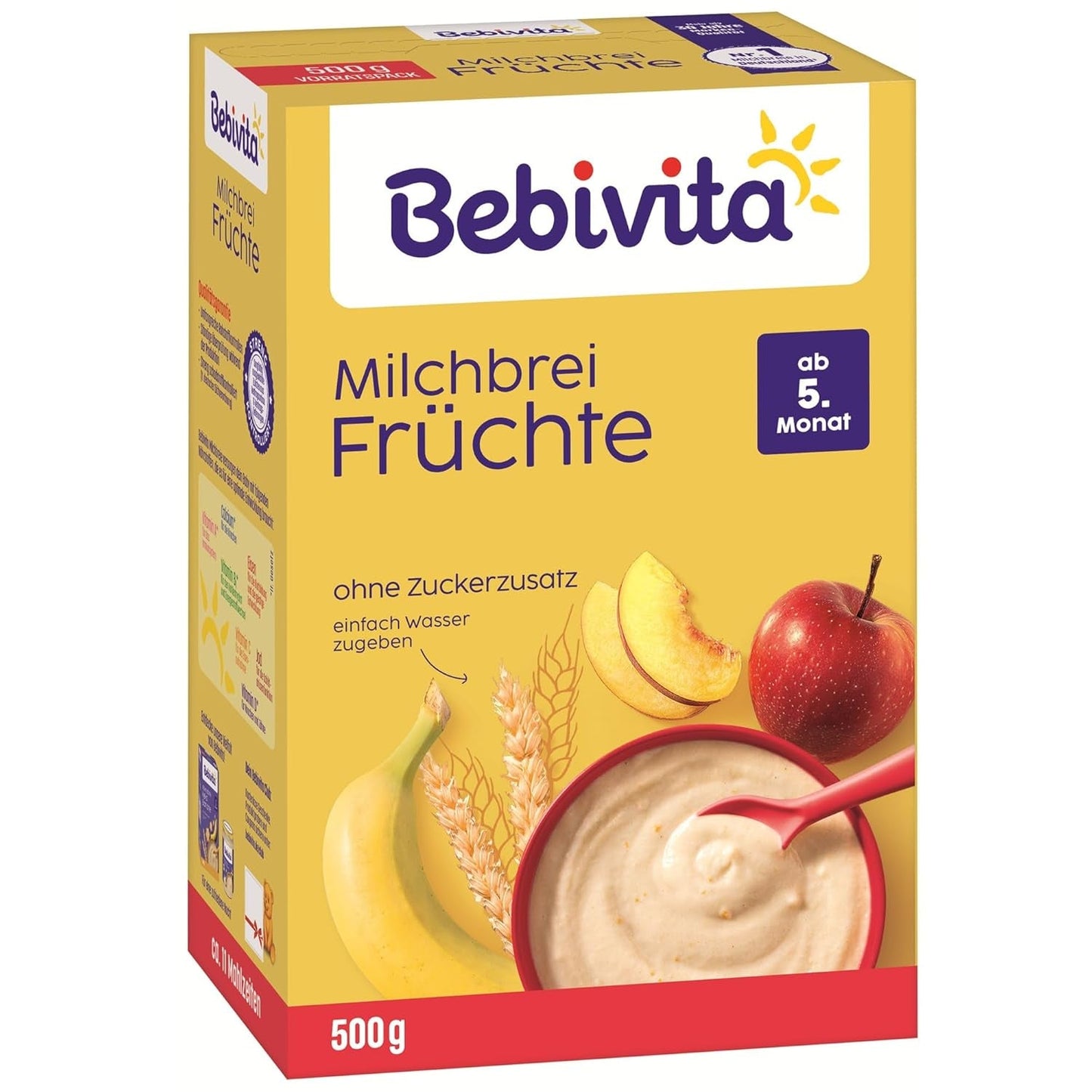 Kaszka mleczna z owocami (4x500g), od 5 miesiąca życia, bez dodatku cukru, z cennymi minerałami i witaminami, bardzo sycąca