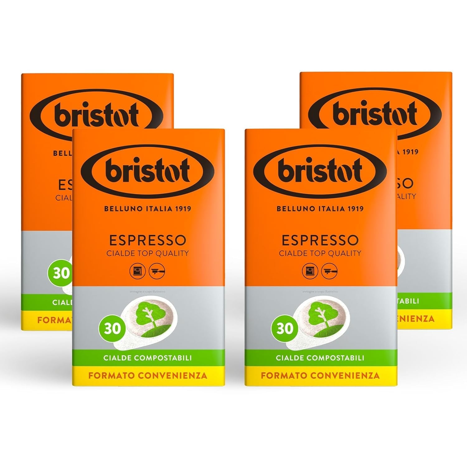 Bristot, 120 Espresso-Kaffeekapseln – eine Mischungen aus Arabica-Kaffee aus Brasilien und Zentralamerika, mit Noten von Zartbitterschokolade, Haselnuss und Caramell – 4 Packungen mit je 30 Kapseln