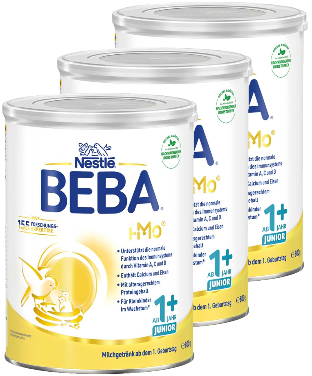 BEBA Junior 1+ napój mleczny od 1. roku życia, z HMO, zawartość białka dostosowana do wieku, tylko laktoza, bez oleju palmowego, bez oleju rybnego, pokarm dla małych dzieci, mleko w proszku dla dzieci, opakowanie 3 szt. (3 x 800 g)