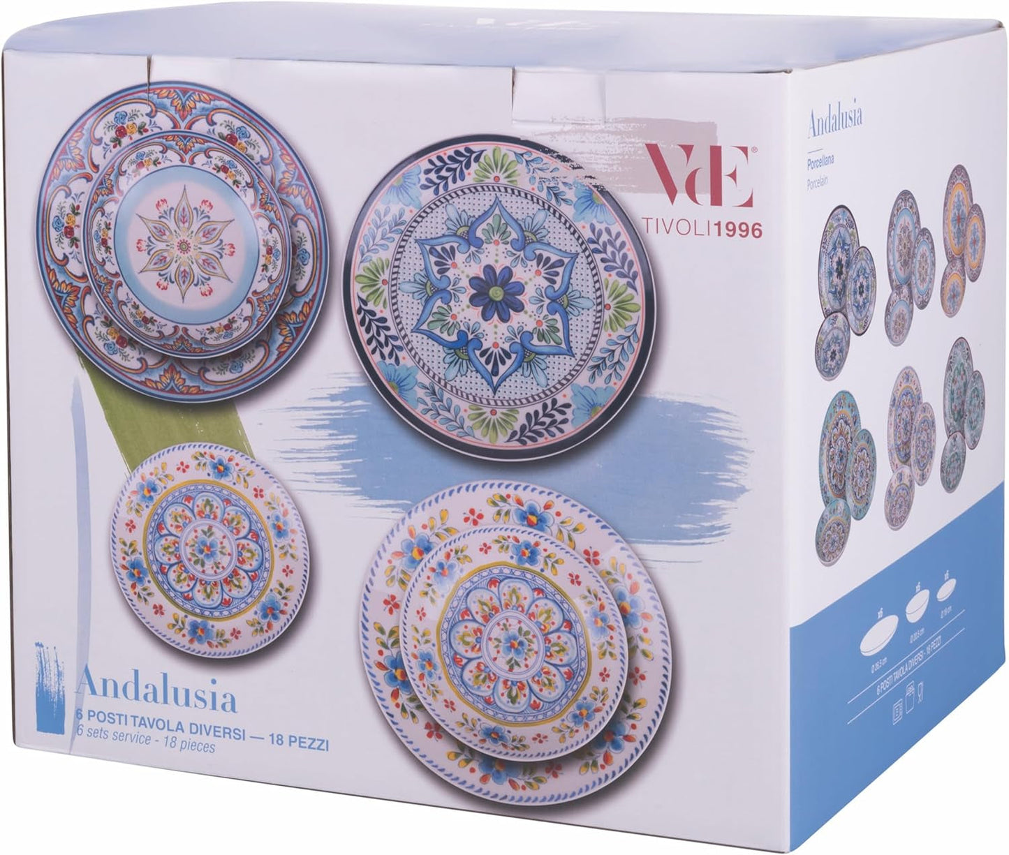 Serwis obiadowy porcelanowy 18 szt., 6 różnych kompletów talerzy, Andaluzja