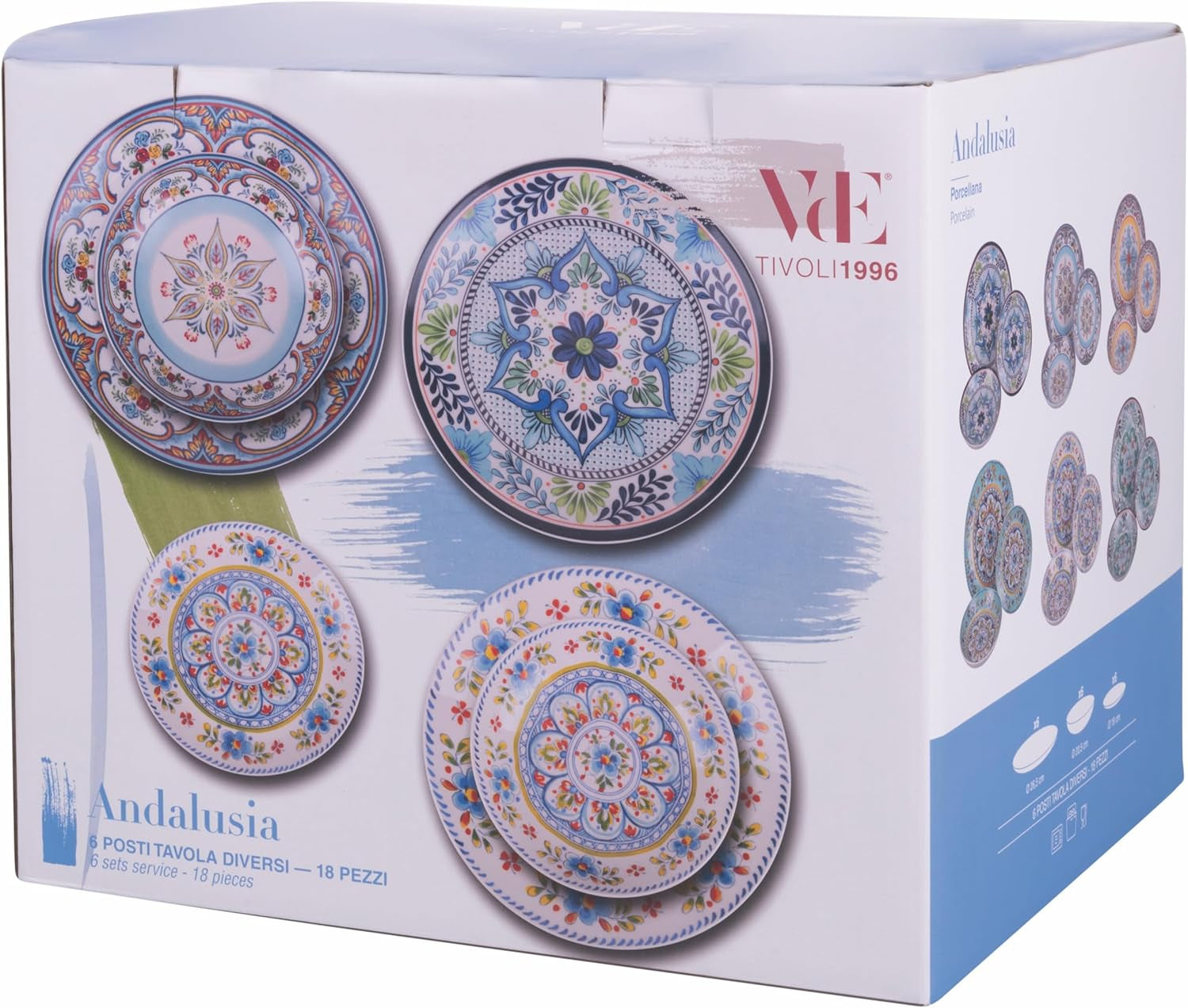 Serwis obiadowy porcelanowy 18 szt., 6 różnych kompletów talerzy, Andaluzja