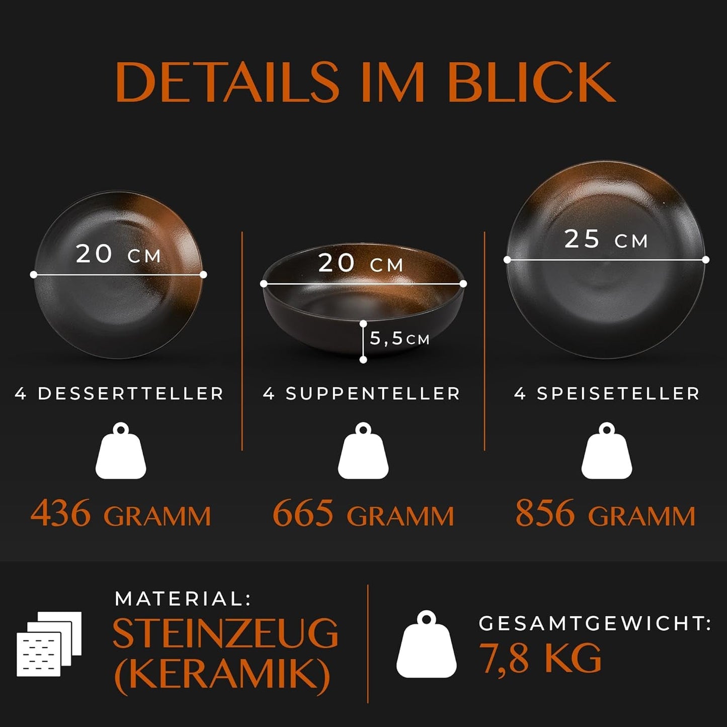 12-częściowy zestaw naczyń obiadowych z kamionki – linia Prairie – elegancki design w odcieniach brązu/czarności, zestaw 4 talerzy obiadowych, 4 talerze deserowe i 4 talerze obiadowe/kolekcja Premium