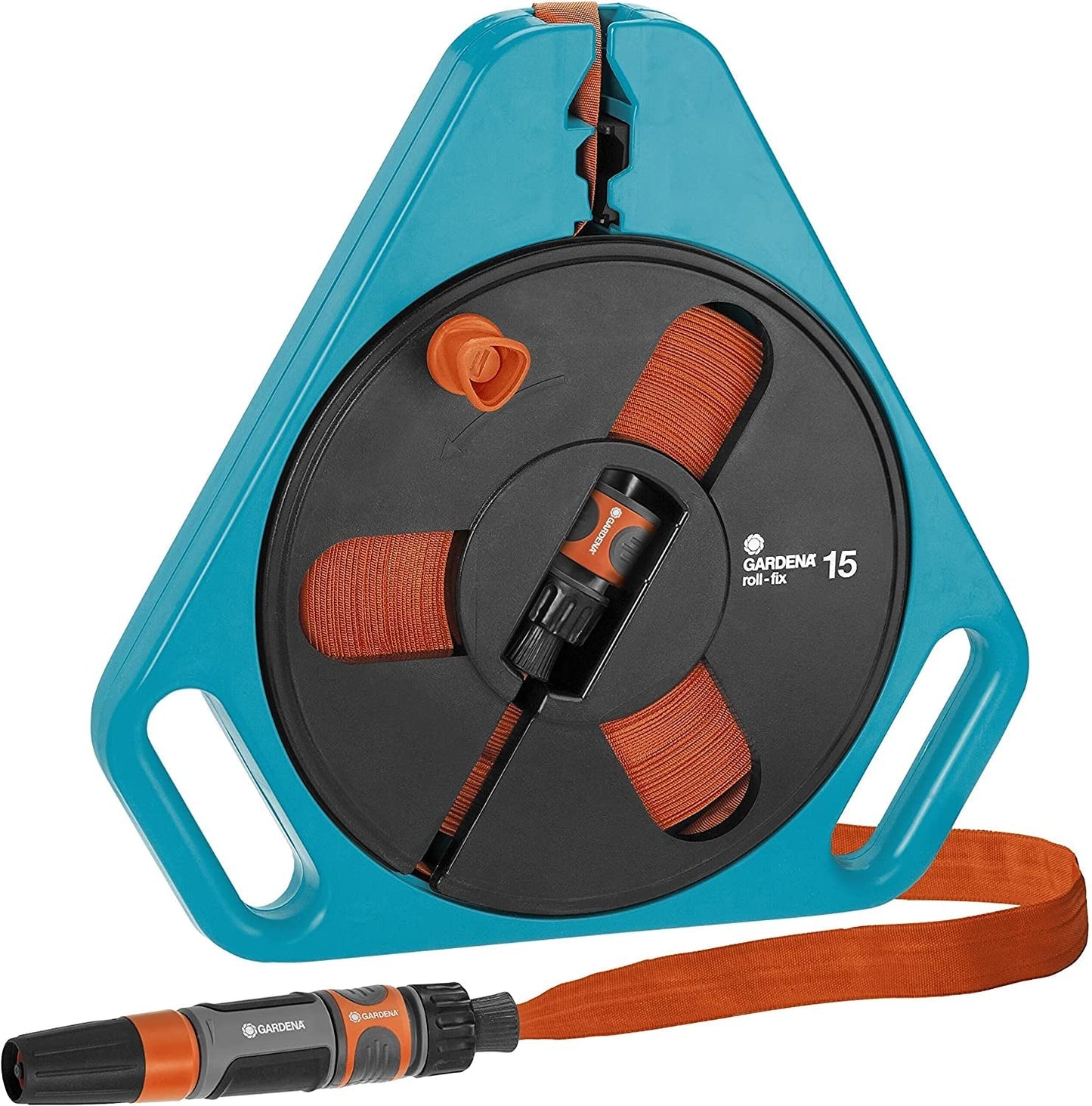 Gardena Original Classic wąż płaski typu roll-fix 15m: Ekonomiczny pojemnik na wąż z wężem wodnym (o średnicy 12 mm w pudełku), automatyczny mechanizm zabezpieczający, w komplecie. dysza natryskowa z urządzeniami przyłączeniowymi (756-20)